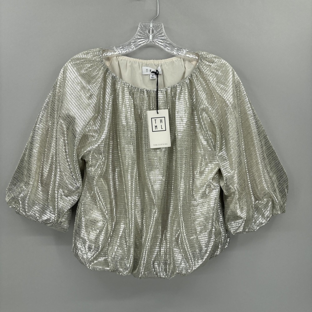 THML Blouse Womens Small Silver Glitter Scoop Neck Balloon Sleeve Top Party